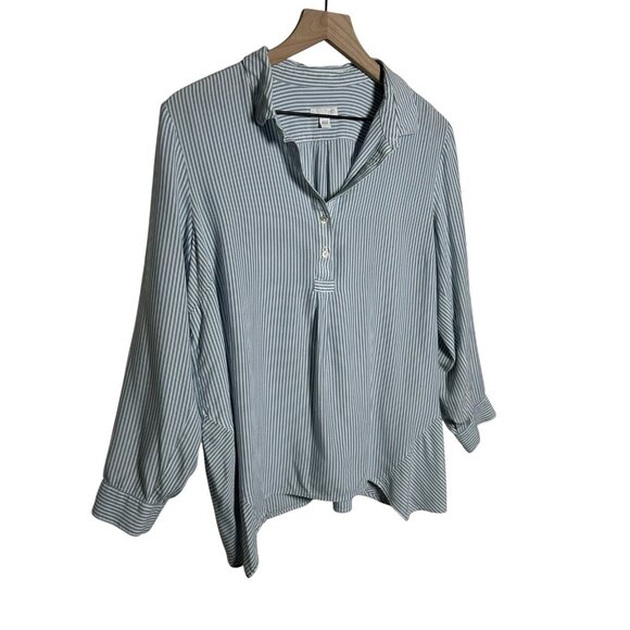 J.Jill Womens Blue White Stripe Roll Tab Sleeve Blouse Sz Large Coastal Preppy - Picture 6 of 12